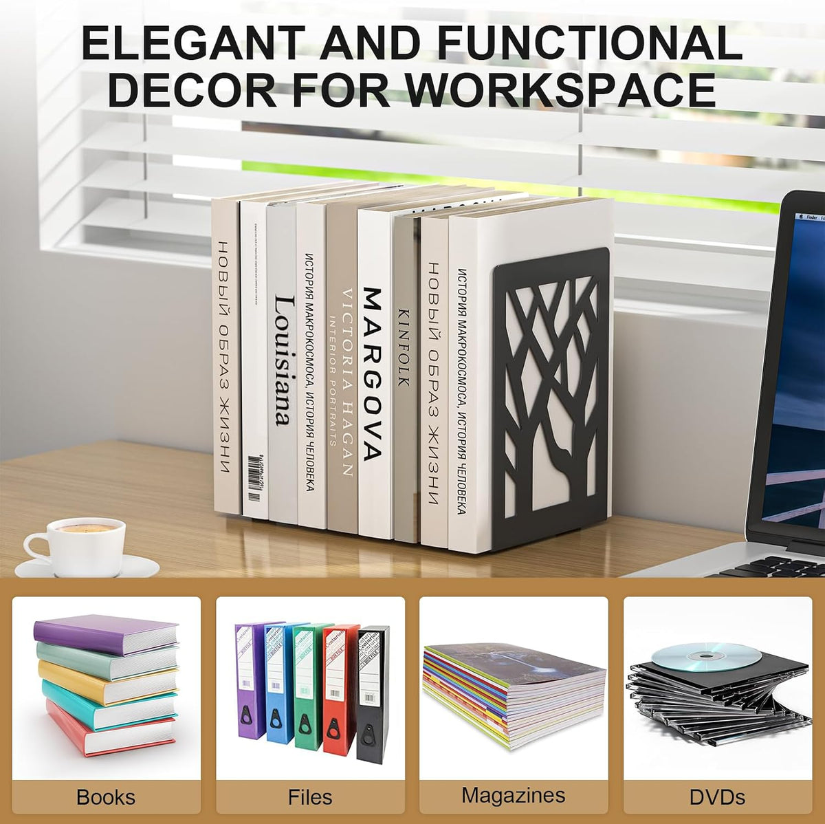Bookends 8 Pieces, Tree Design Modern Metal Bookends for Shelves, Black Tree Book Ends Decorative Book Organizer for Desk, Decorative Shelve Book Stopper for Home Office