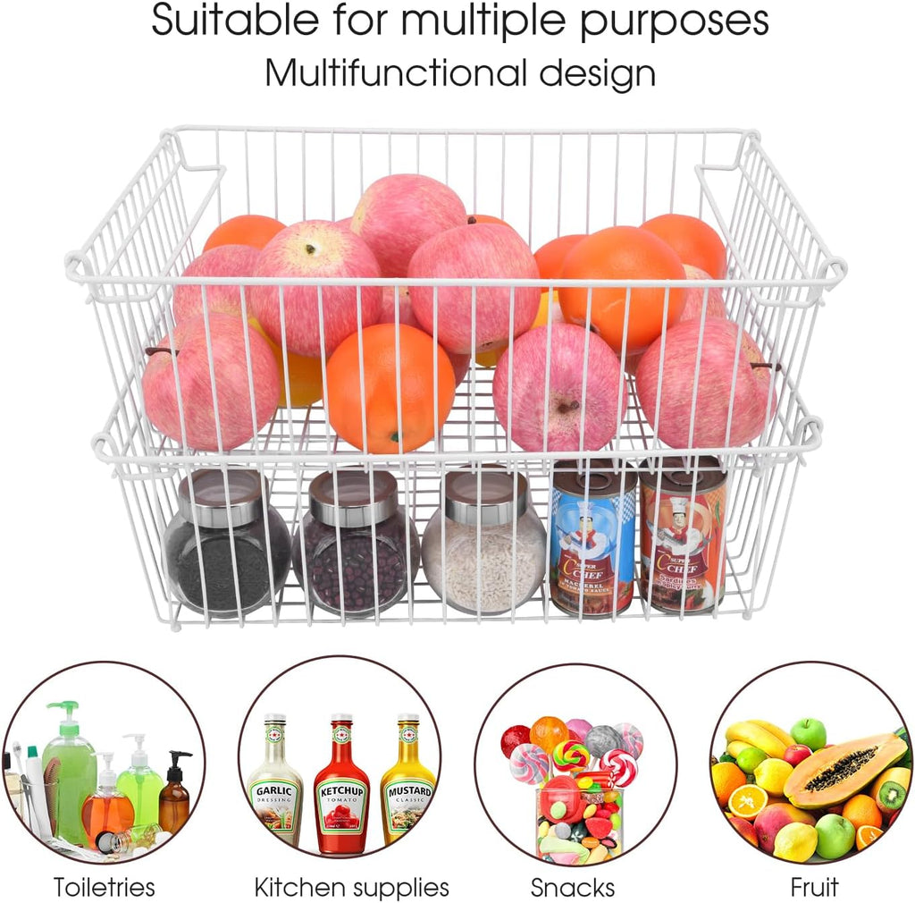 Set of 2 Stackable XXL Wire Baskets For Pantry Storage and Organization -16x12in Large Metal Food Baskets -Vegetable,Fruit,Potato,Onio, Pantry Storage Bins With Handles (White, XXL)
