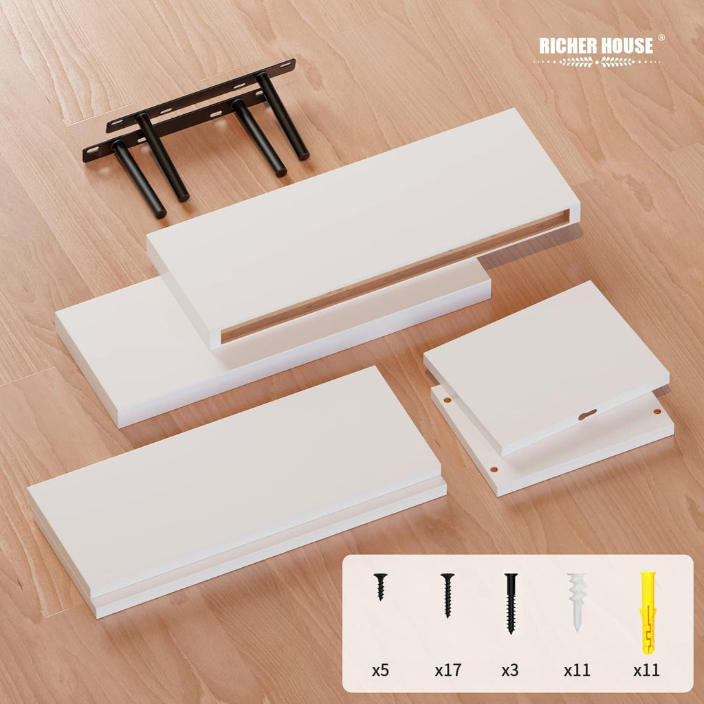 RICHER HOUSE 3-Set White Floating Wall Shelves, Bathroom Shelf Over Toilet