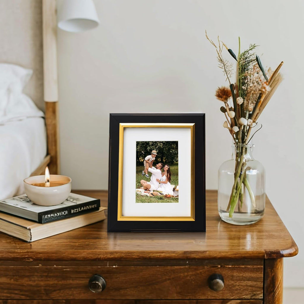 4x6 Black Wood Picture Frame with Real Glass, Gold Inner Border, Vertical and Horizontal for Tabletop or Wall Hanging