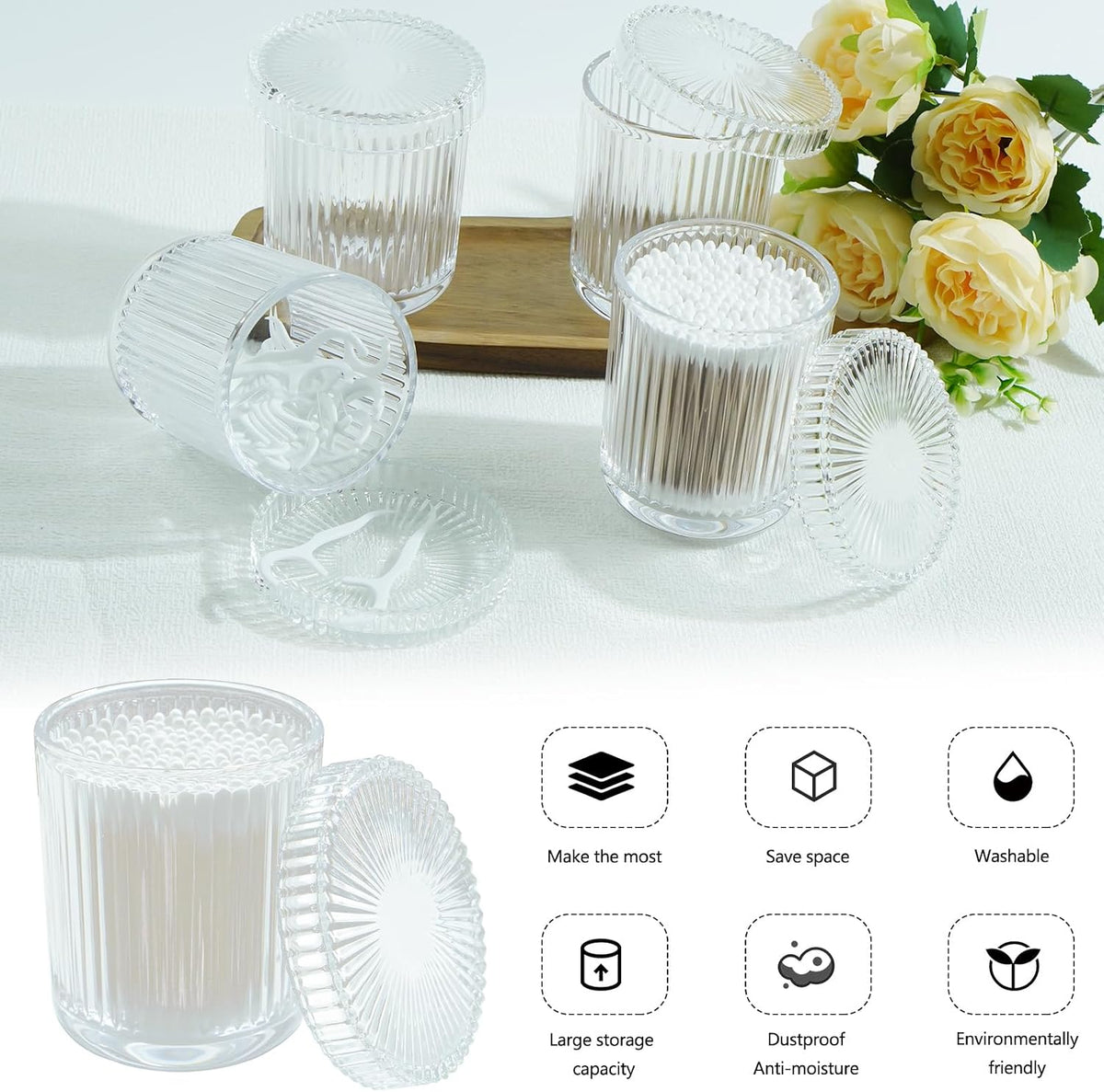 2 Pack Glass Container Qtip Holder with Lid,Mouthwash Cup,Cosmetic Storage
