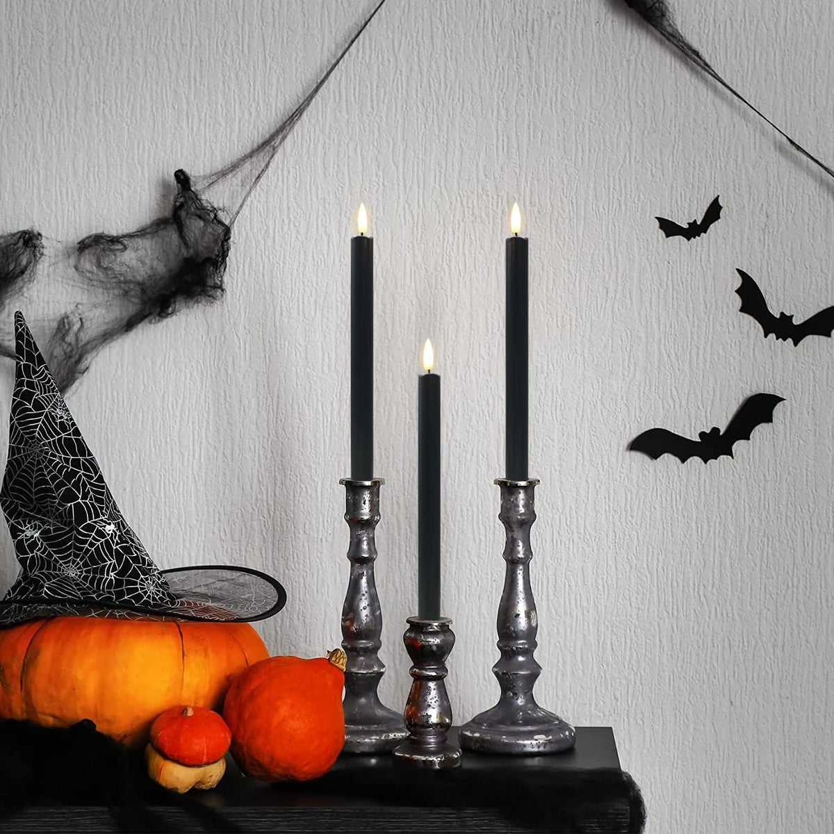 Halloween Decorations, Black Flameless Taper Candles with Remote, Set of 6