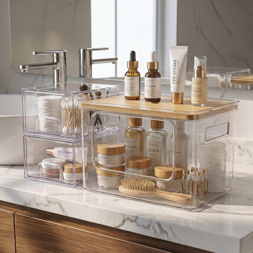 Hudgan Under Sink Organizer 3 in 1, Stackable Acrylic Bathroom Storage, Trash Bag Dispenser and Dishwasher Pods Holder for Kitchen and Laundry Room Organization