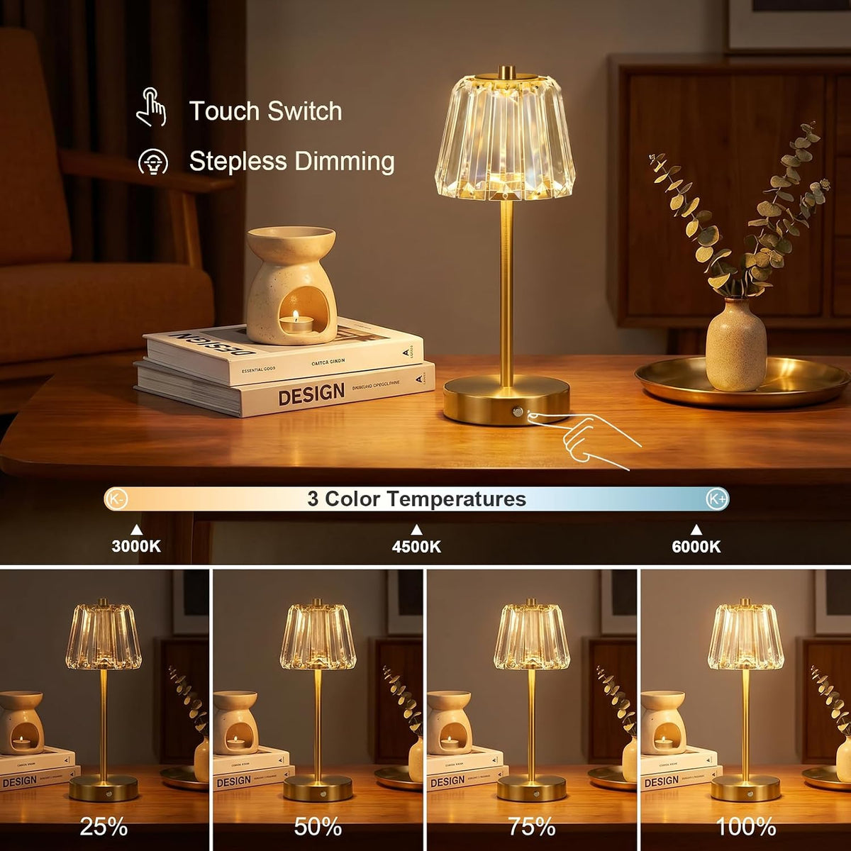 Oneach 13" Small Crystal Cordless Table Lamp, Touch Rechargeable Desk Lamps