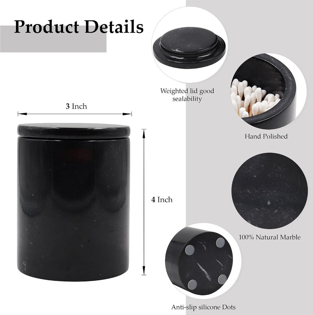 Marble Q-Tip Holder for Bathroom, Black 4" Cotton Swab Canister