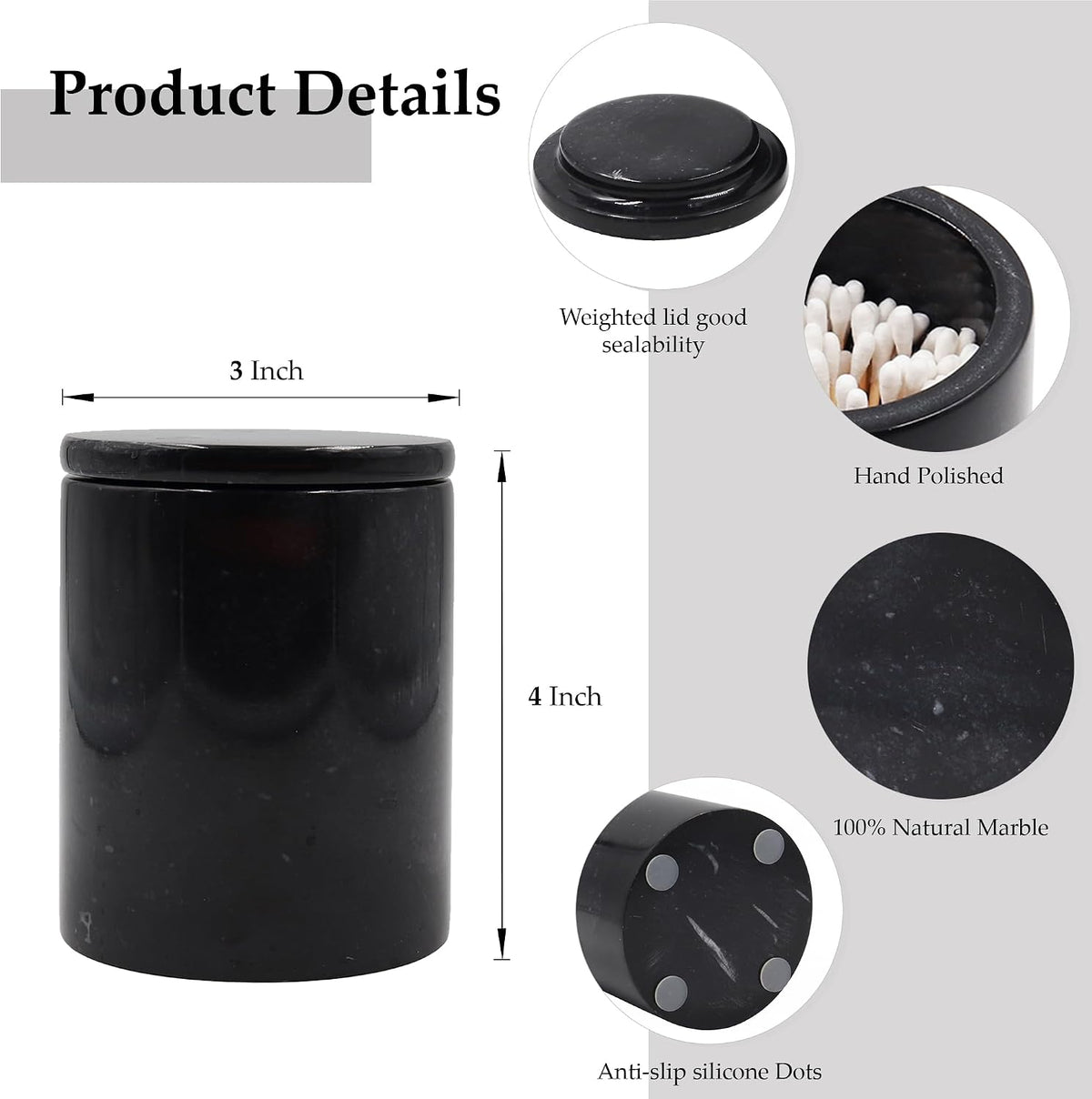 Marble Q-Tip Holder for Bathroom, Black 4" Cotton Swab Canister