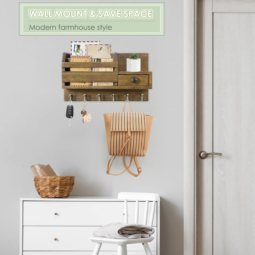 VIS'V Key Holder Wall Mount, Wooden Mail and Key Organizer, Brown