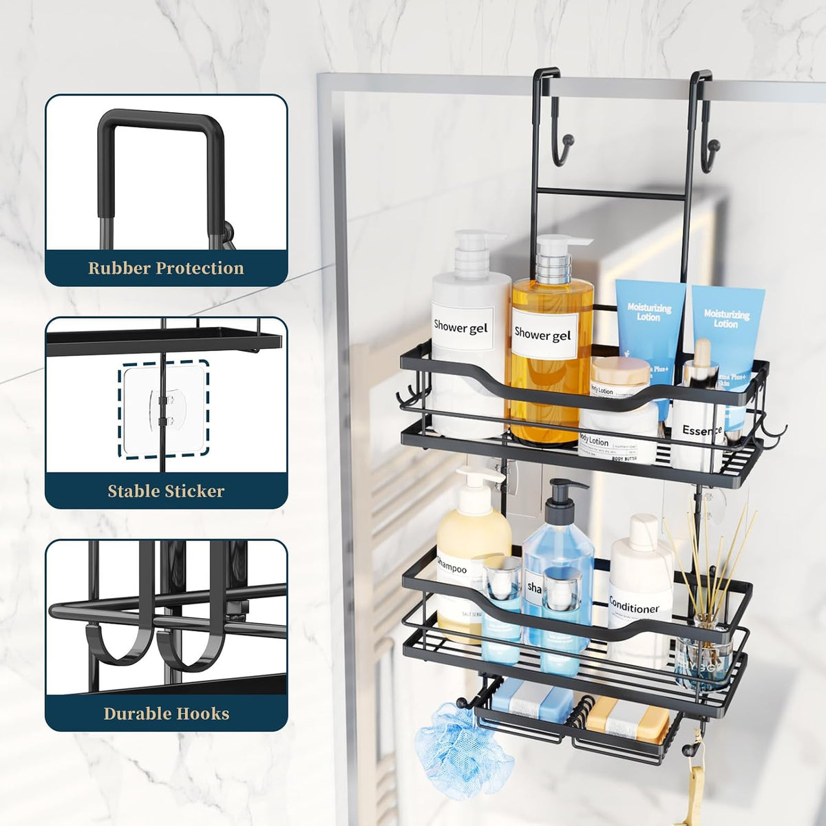 Consumest Over The Door Shower Caddy - 3 Tier Shower Shelves Hanging with Soap Holders, Large Capacity Shower Organizer with 6 Hooks, Bathroom Rack and Storage, Black