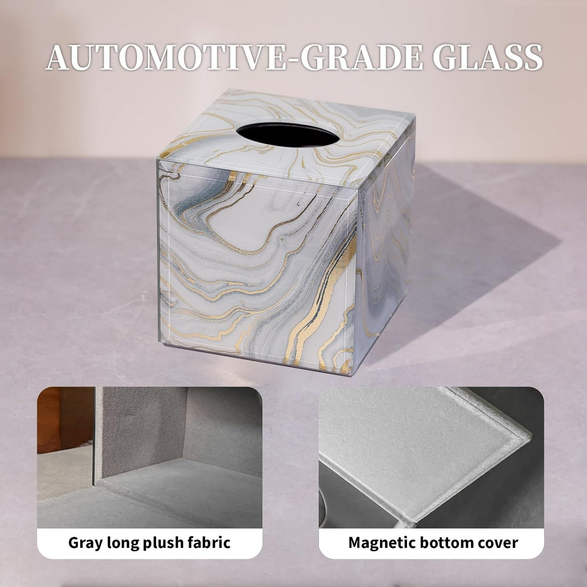 Square Marble Pattern Glass Tissue Box Cover for Table Display