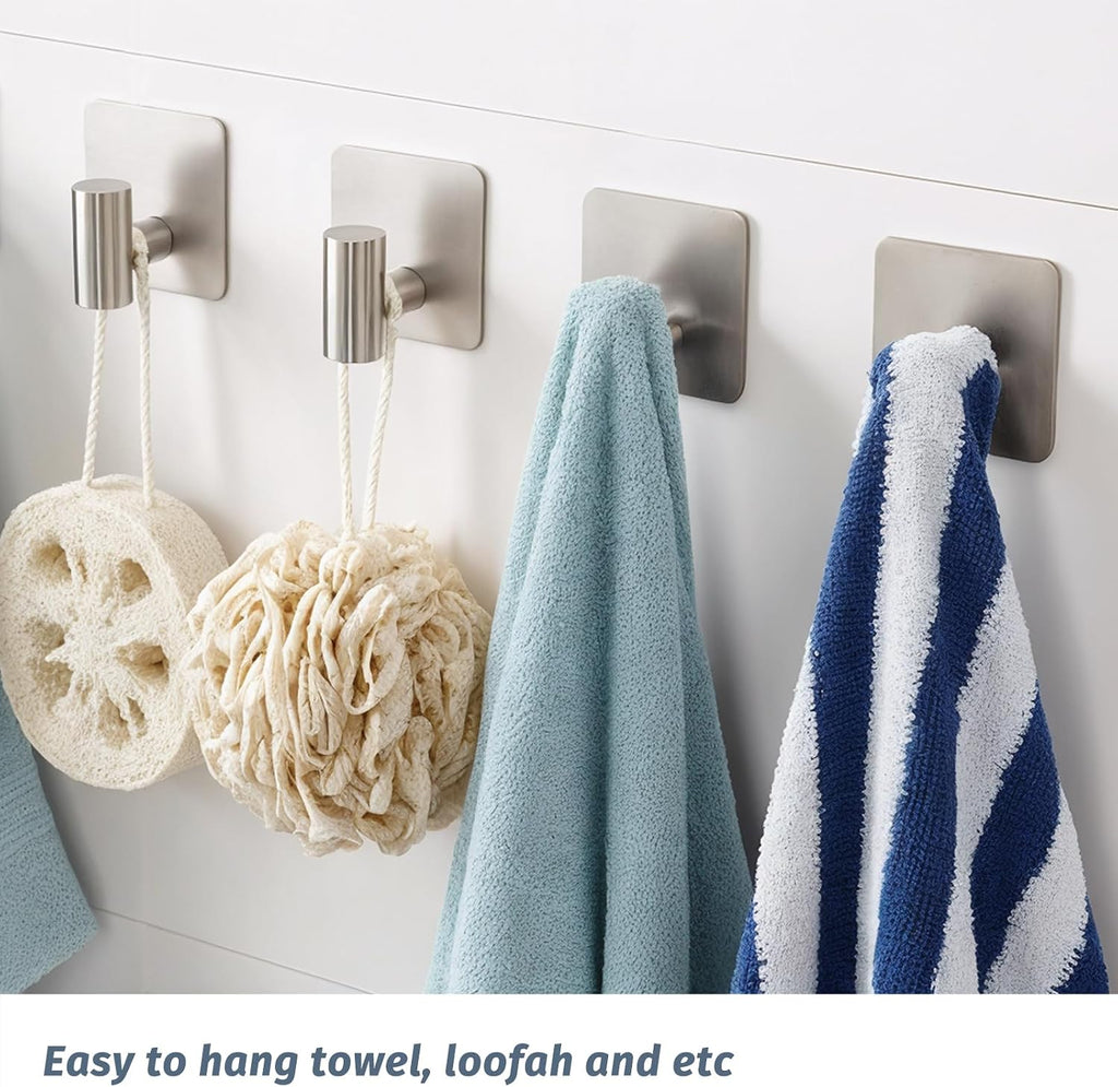 Rise age Adhesive Hooks, Adhesive Towel Hooks for Shower Wall Silver 4 Pcs
