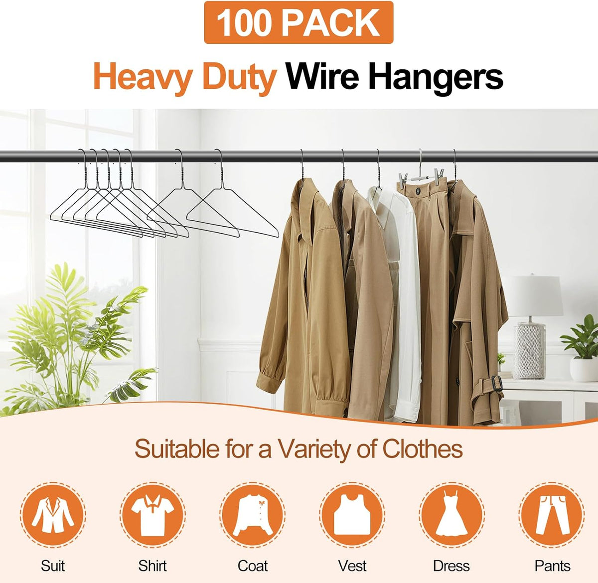FUDESY Metal Wire Clothes Hangers 100 Pack Bulk, Space Saving, 16 in, Black