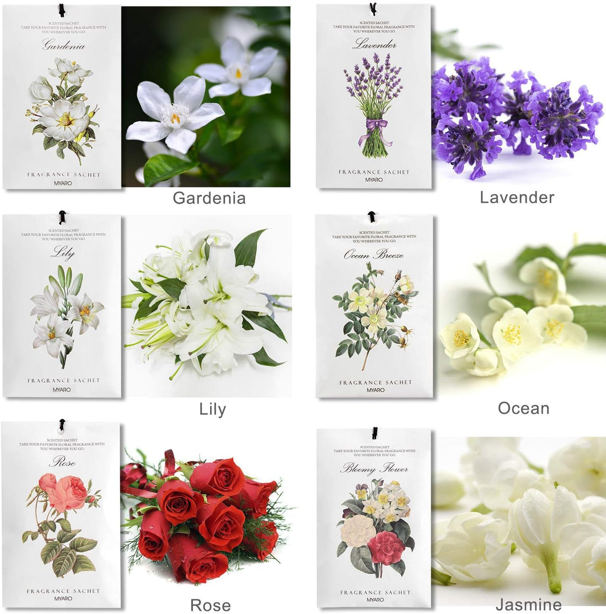 MYARO 12 Packs Scented Sachets for Drawer and Closet, Long-Lasting Sachets Bags Home Fragrance Sachet - Lavender, Rose, Jasmine, Ocean, Gardenia, Lily and MYARO 12 Packs Linen Scented Sachets