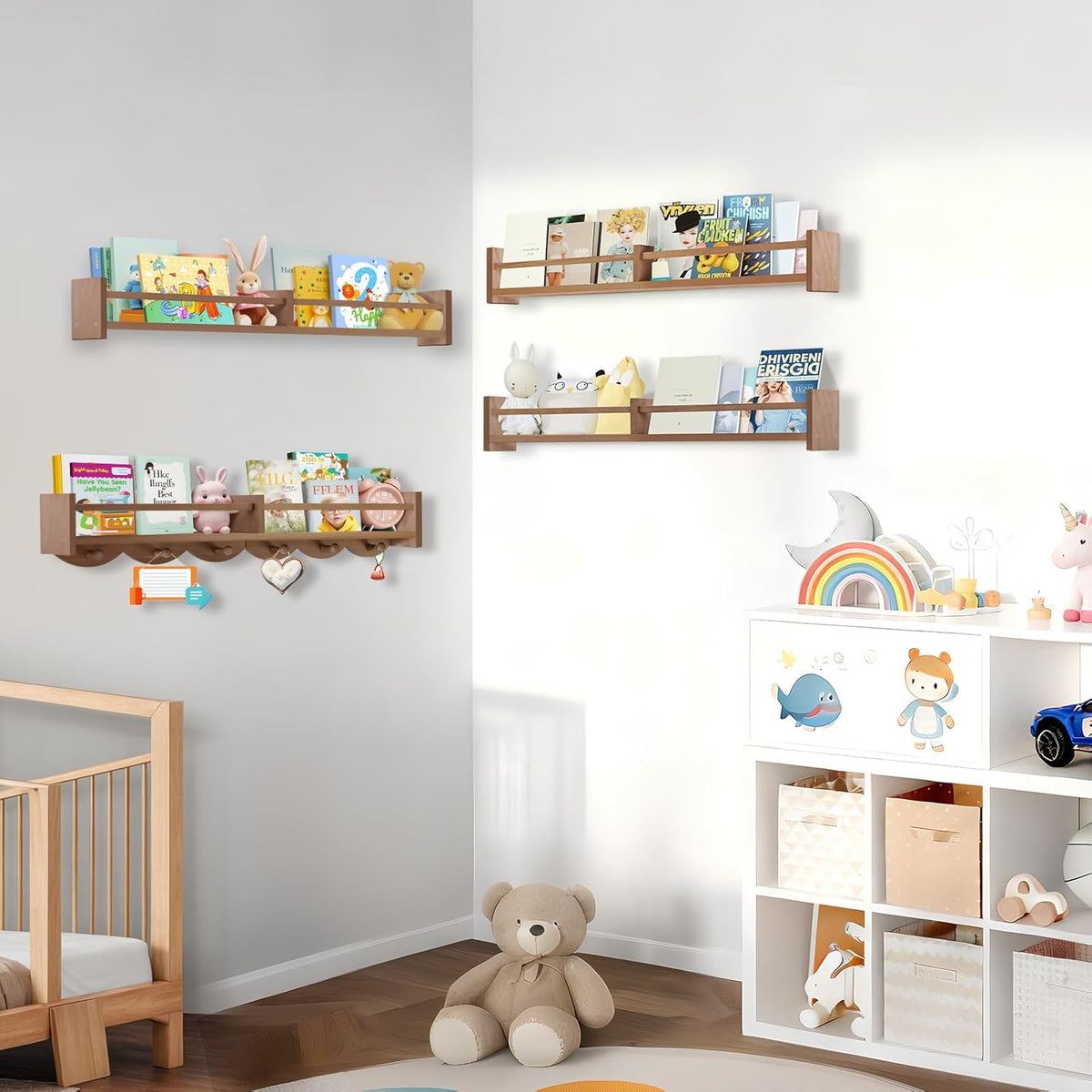 34Inch Nursery Book Shelves Wall Mounted, Floating Book Shelf for Kids Coat Rack with 6 Hooks, Wall Hanging Shelf for Baby Nursery Room Organizer ，Patent Number:US-D1058229-S(4, Light Brown)