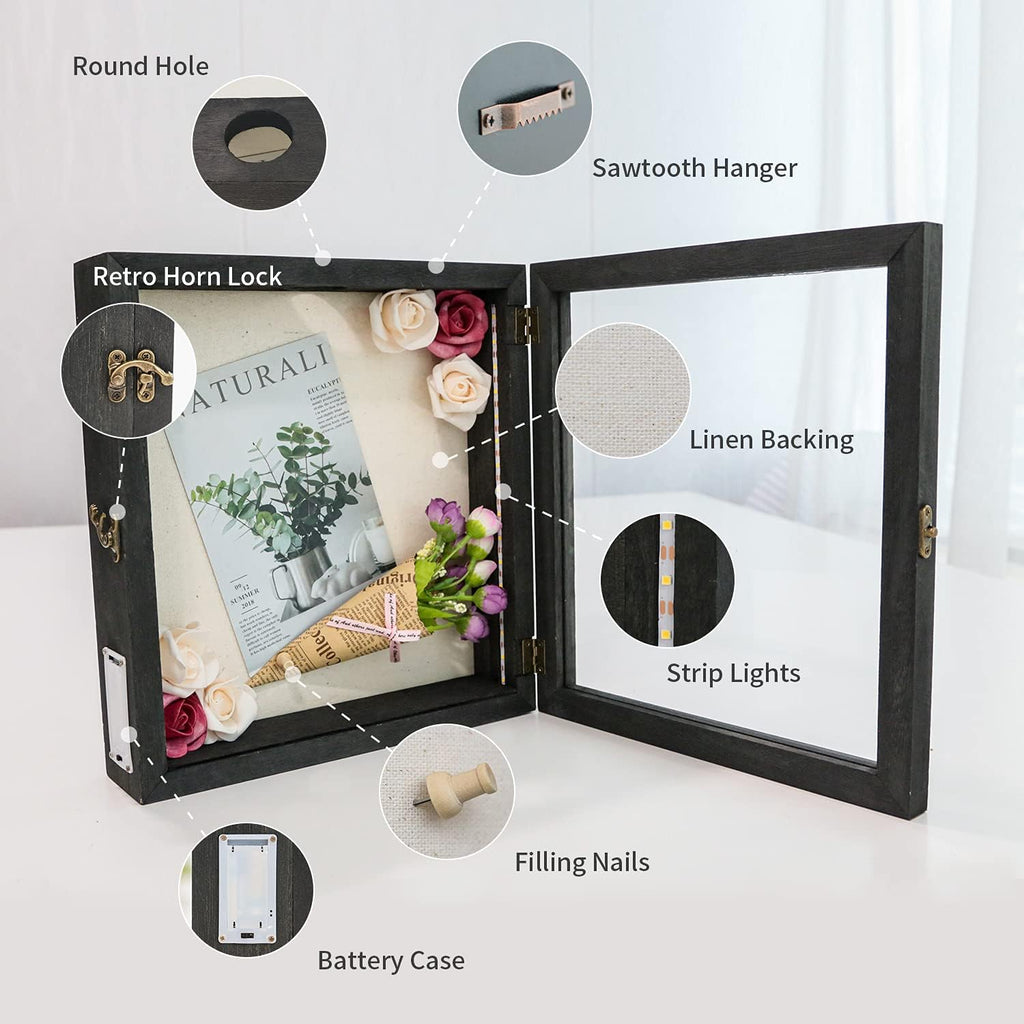 28x30cm LED Shadow Box Frame, Wooden Wine Cork Holder Display Case Built-in LED Lights Memory Keepsake Box for Wine Corks, Ticket Stubs, Photos, Medals & Memorabilia, Wall/Tabletop Mount