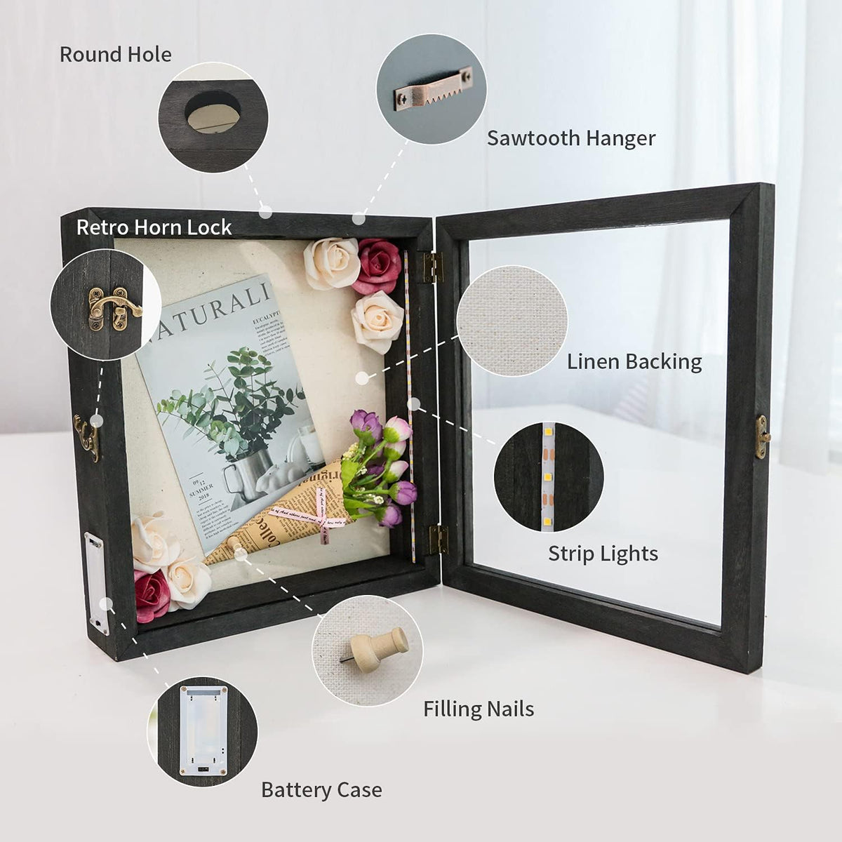 28x30cm LED Shadow Box Frame, Wooden Wine Cork Holder Display Case Built-in LED Lights Memory Keepsake Box for Wine Corks, Ticket Stubs, Photos, Medals & Memorabilia, Wall/Tabletop Mount