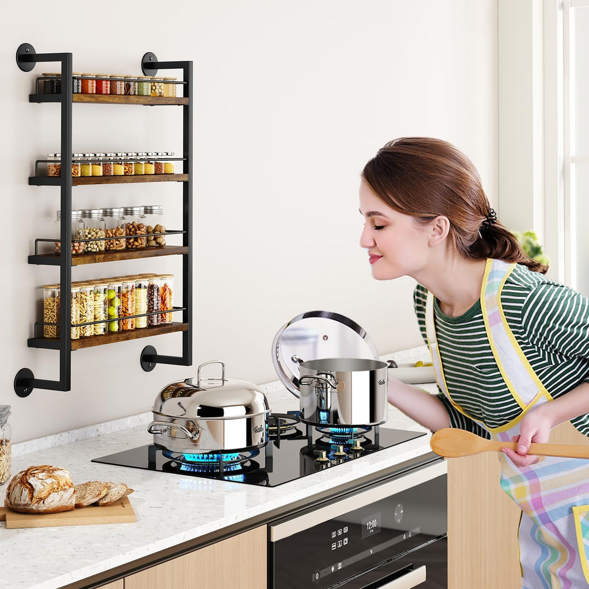 IBUYKE 4 Tier Spice Rack Wall Mount for Kitchen,Brown TLJ016H