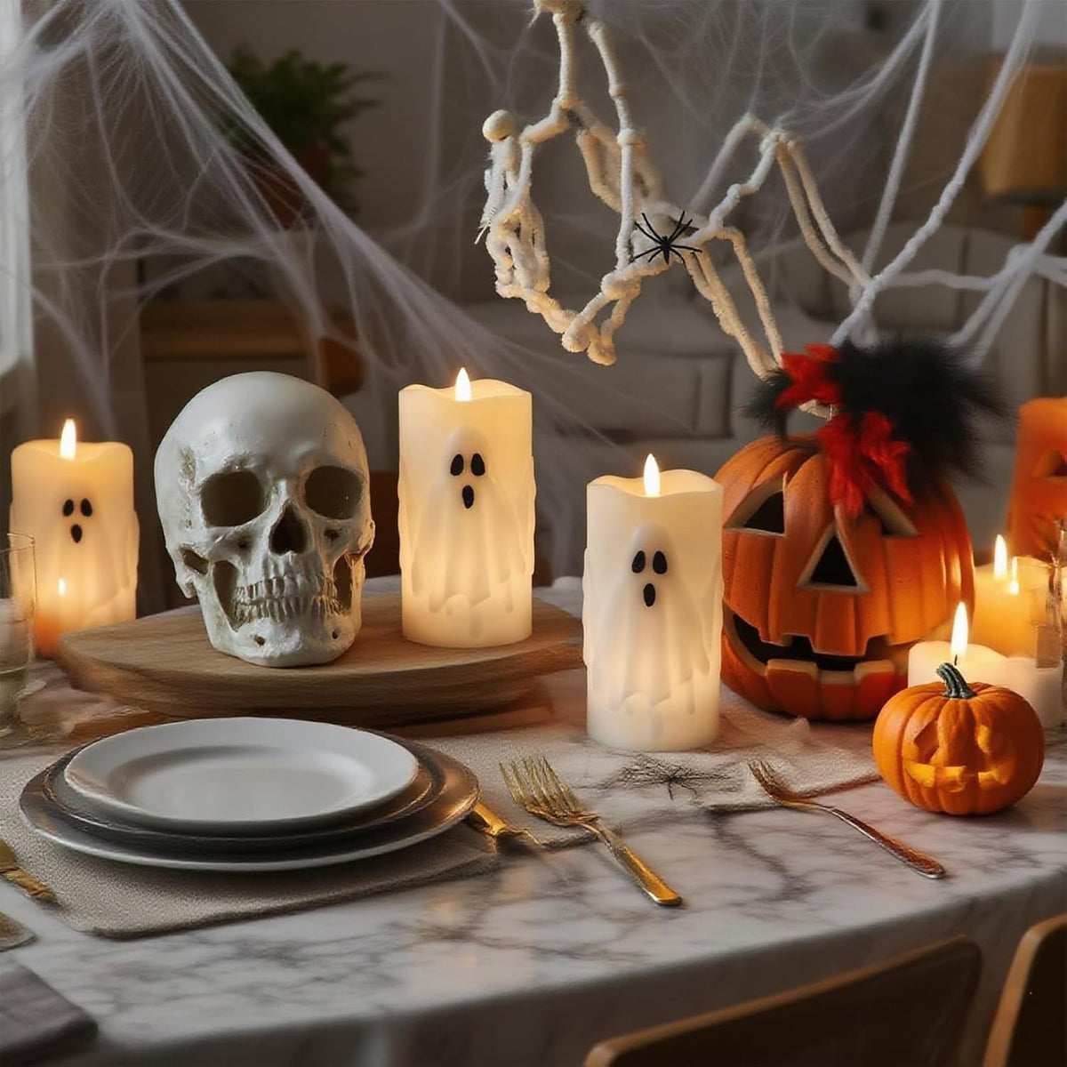Eldnacele Halloween Ghost Flameless LED Pillar Candles with Remote Timer
