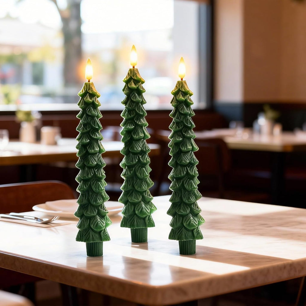 3PCS Christmas Tree Candles, 9.7 Inch Flameless Taper Candles with Remote and Timer, LED Battery Operated Taper Candlesticks with 3D Flickering for Christmas Home Decoration.
