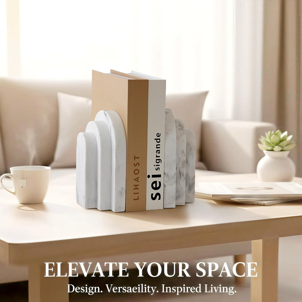 LIN CHUAN Heavy Duty Bookends for Shelves, Set of 2, Marble White Look