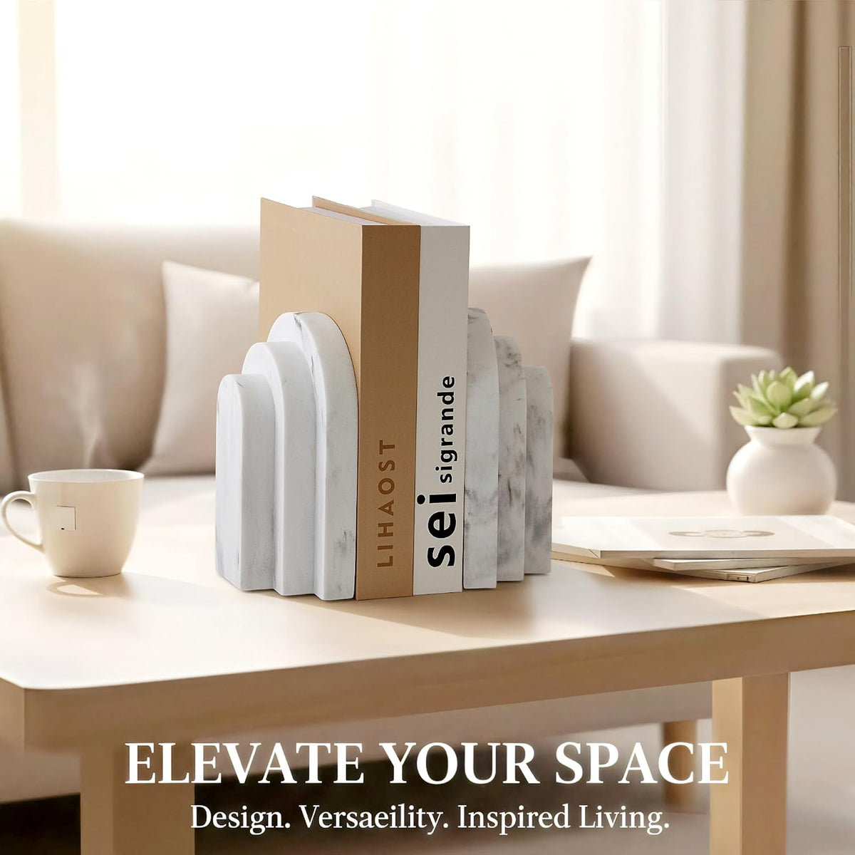 LIN CHUAN Heavy Duty Bookends for Shelves, Set of 2, Marble White Look