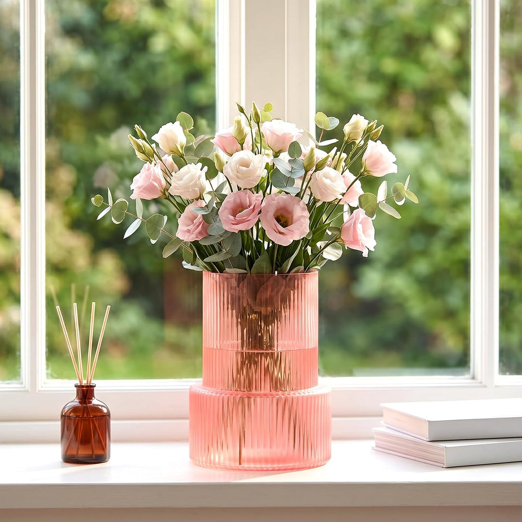 Pink Ribbed Glass Vase, Modern Decorative Flower Vase