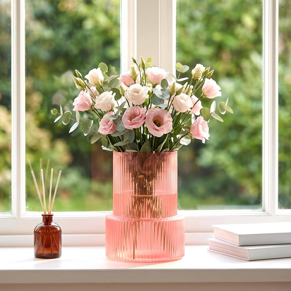 Pink Ribbed Glass Vase, Modern Decorative Flower Vase