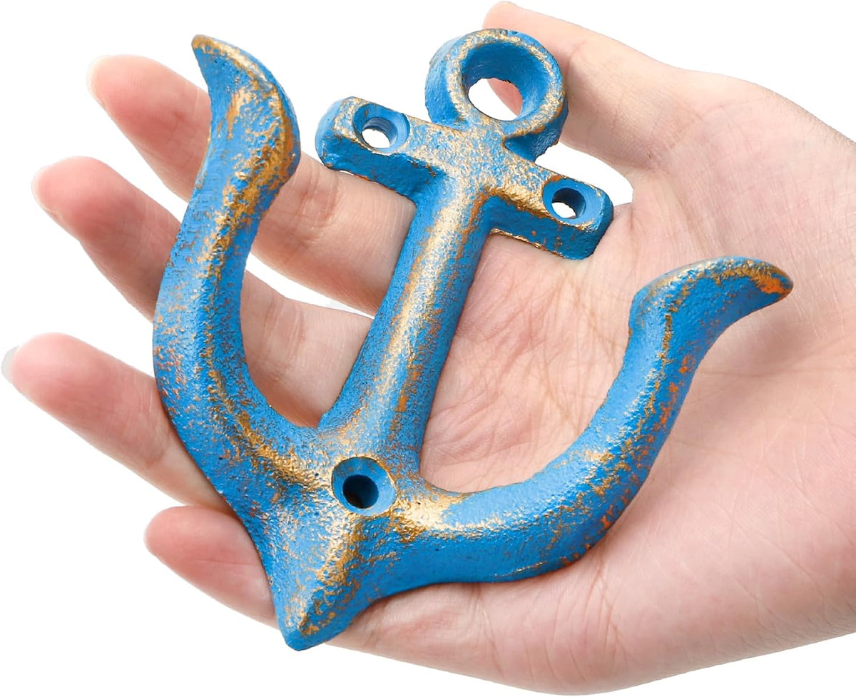 yarlung 4 Pack Vintage Wall Hooks Nautical Anchor Design, Shabby Chic Cast Iron Coat Hooks Rack, Decorative Wall Mount Rustic Metal Towel Hanger, 4 Colors