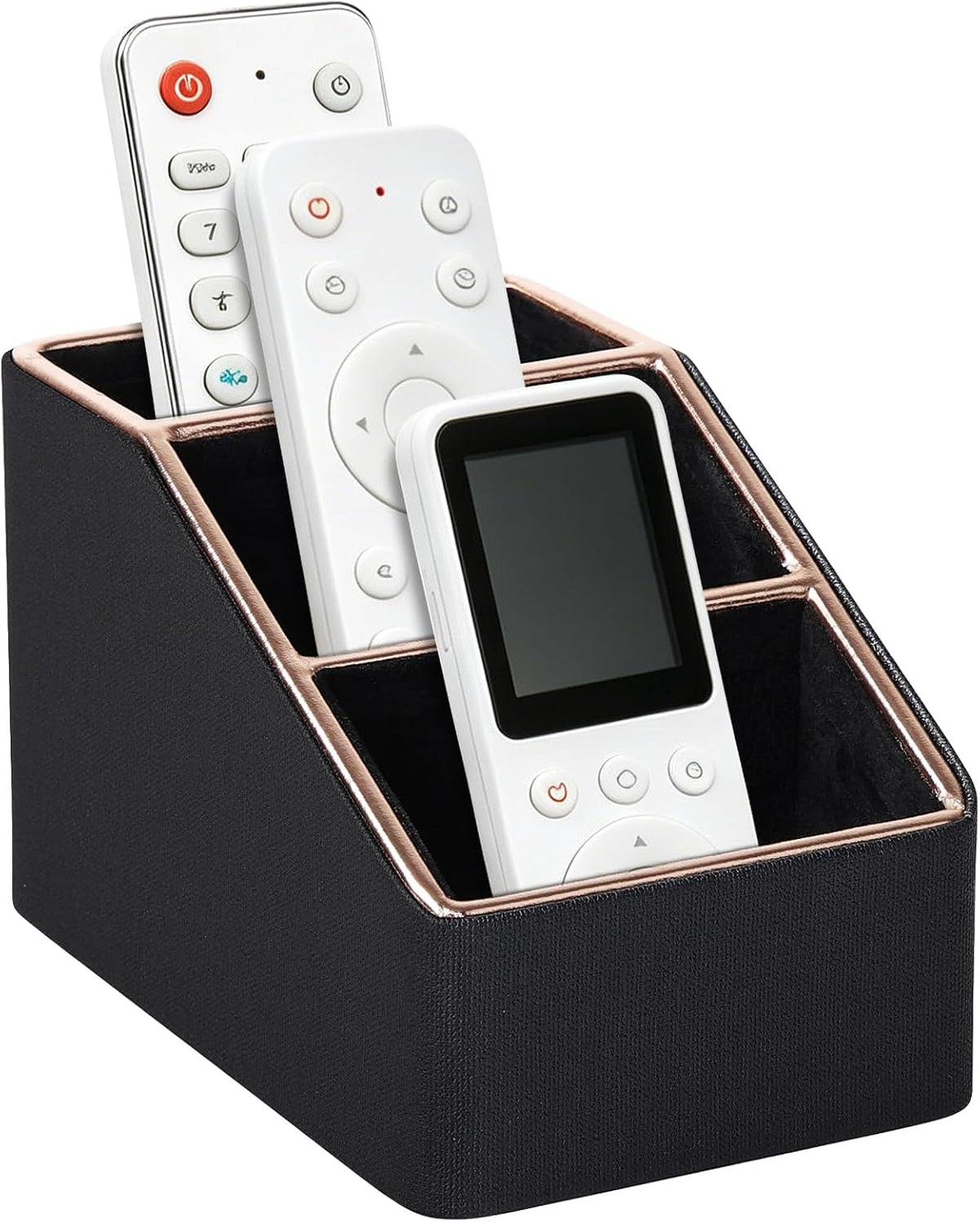Rose Gold Edge Inlaid Leather Desktop Organizer, Remote Control Holder,Nightstand Remote Caddy, Multi-Functional Storage Box for Cellphone,Pens, Makeup Brushes, Lipsticks & Small Cosmetics (Black)