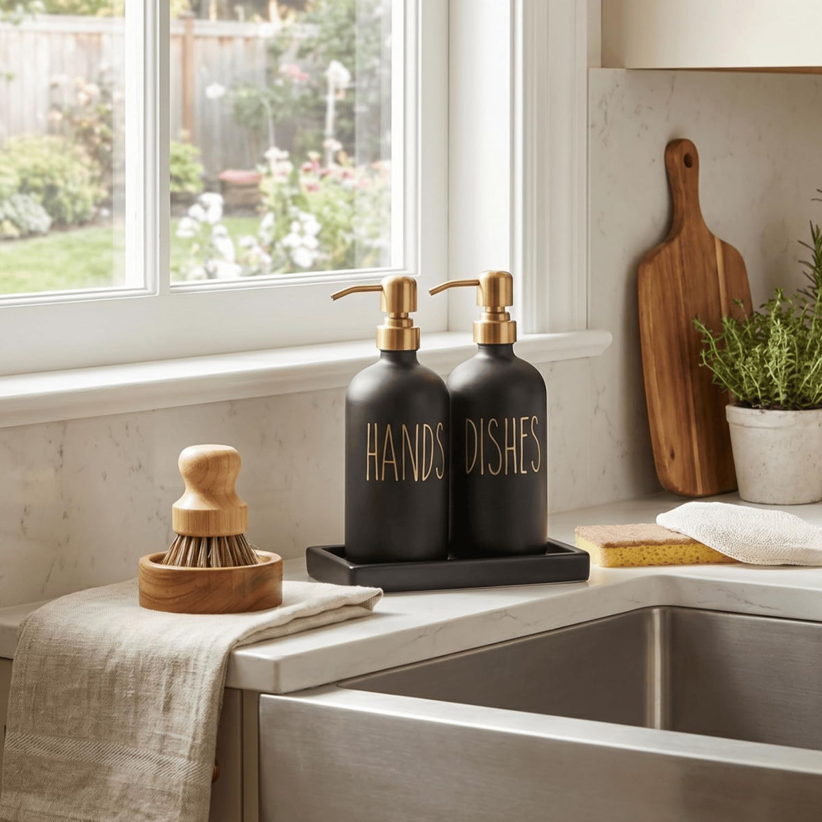 MOMEEMO Soap Dispenser for Kitchen Sink with Ceramic Tray, Black & Gold