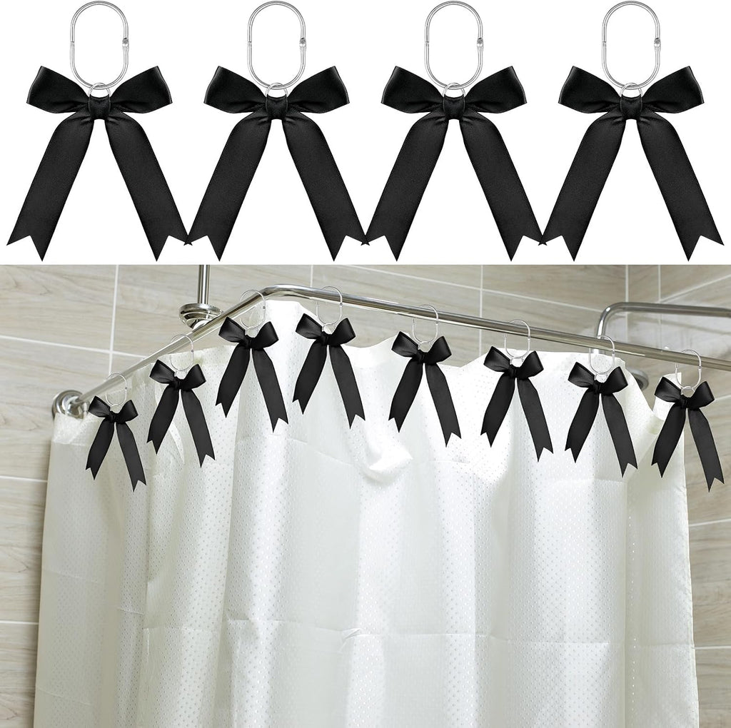 MorningRo 12 Pcs Black Bow Cute Shower Curtain Hooks Bow Knot Ribbon Hooks