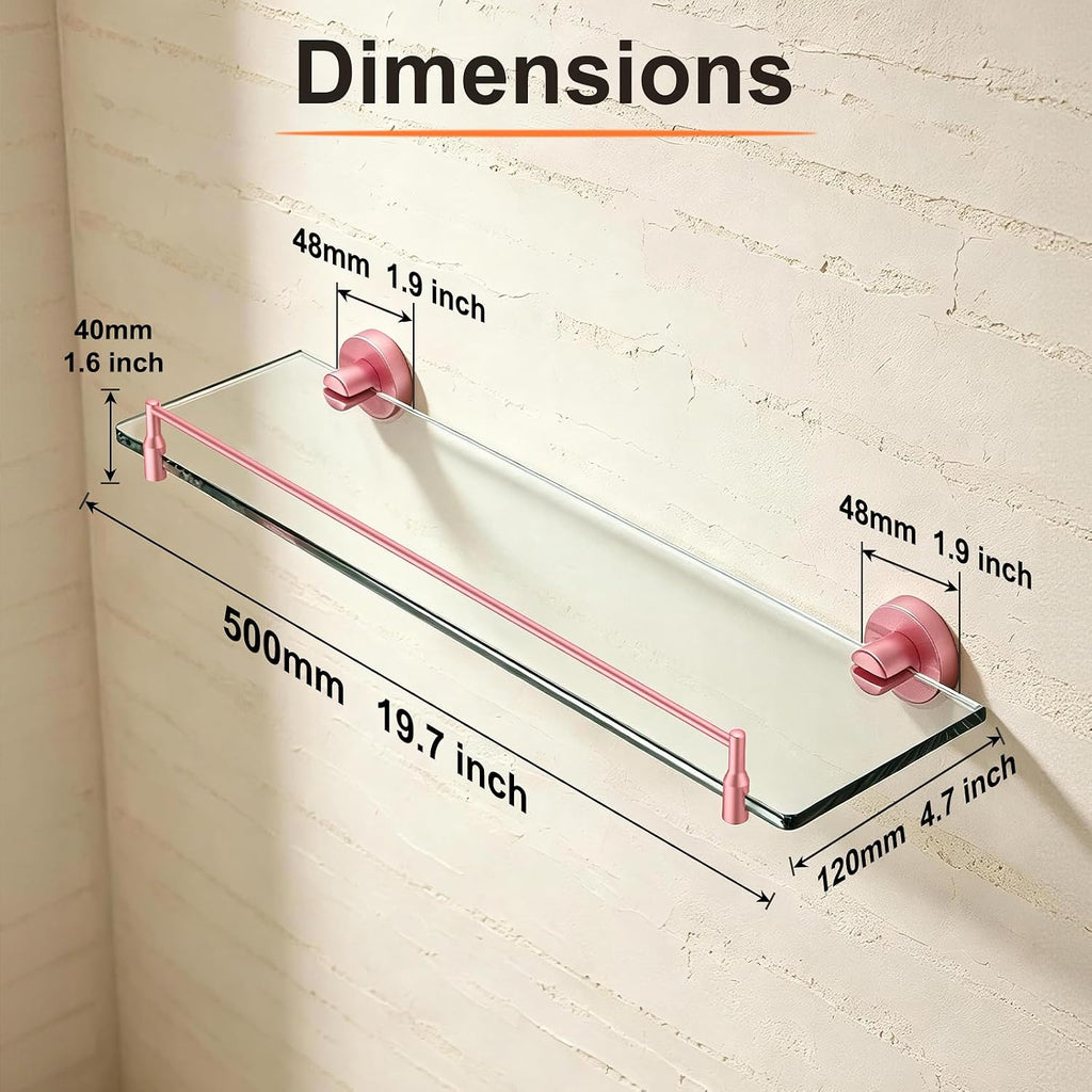 20-Inch Pink Glass Bathroom Shelf with Stainless Steel Railing