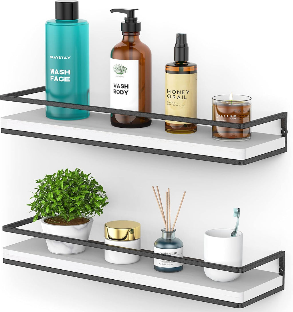 Meangood White Floating Shelves for Wall, 17 inch Bathroom Shelf, Set of 2