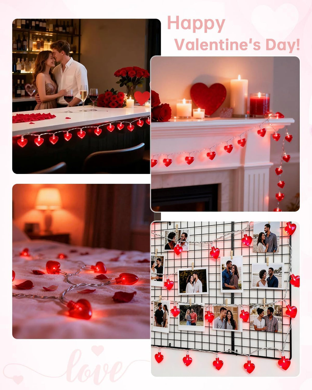 Luditek 2 Pack Total 29ft 80LED Valentines Day Decorations Battery Operated String Lights, Heart Shape Valentines Day Decor for Indoor Outdoor Home Room Party Wedding