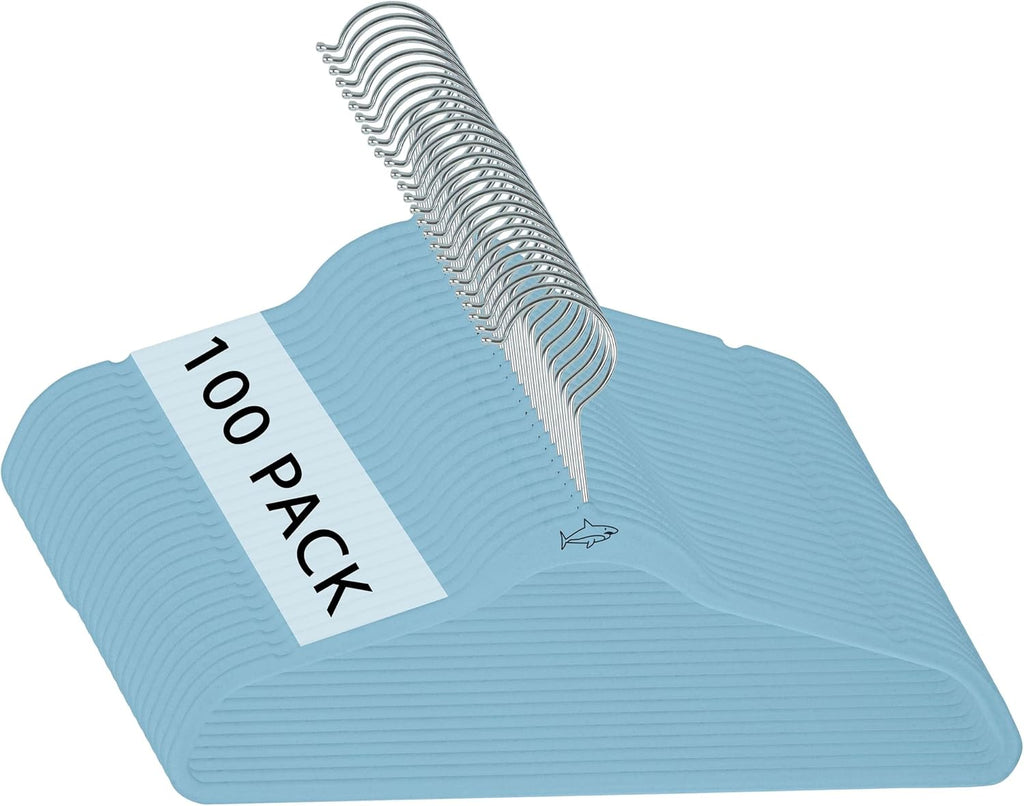 Simplify Kids 100 Pack Velvet Hangers with Shark Icon in Light Blue