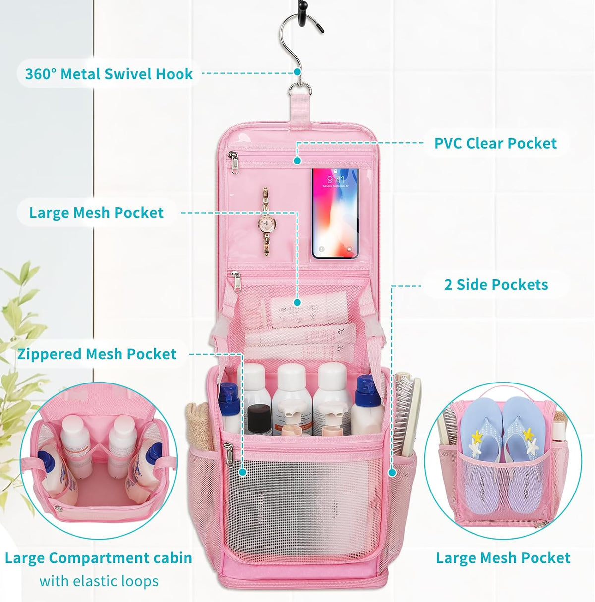 Mesh Shower Caddy Portable, Toiletry Bags for Travel, Pink