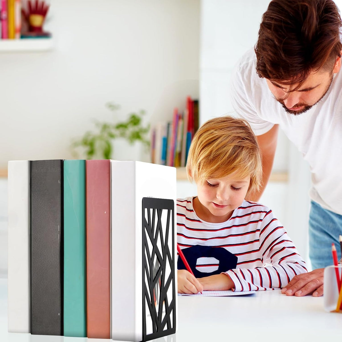 Zonon 6 Pcs Heavy Duty Bookends Decorative Black Metal Bookends for Shelves Book Divider Geometrical Holder Art Design Book Stopper for Home Office School