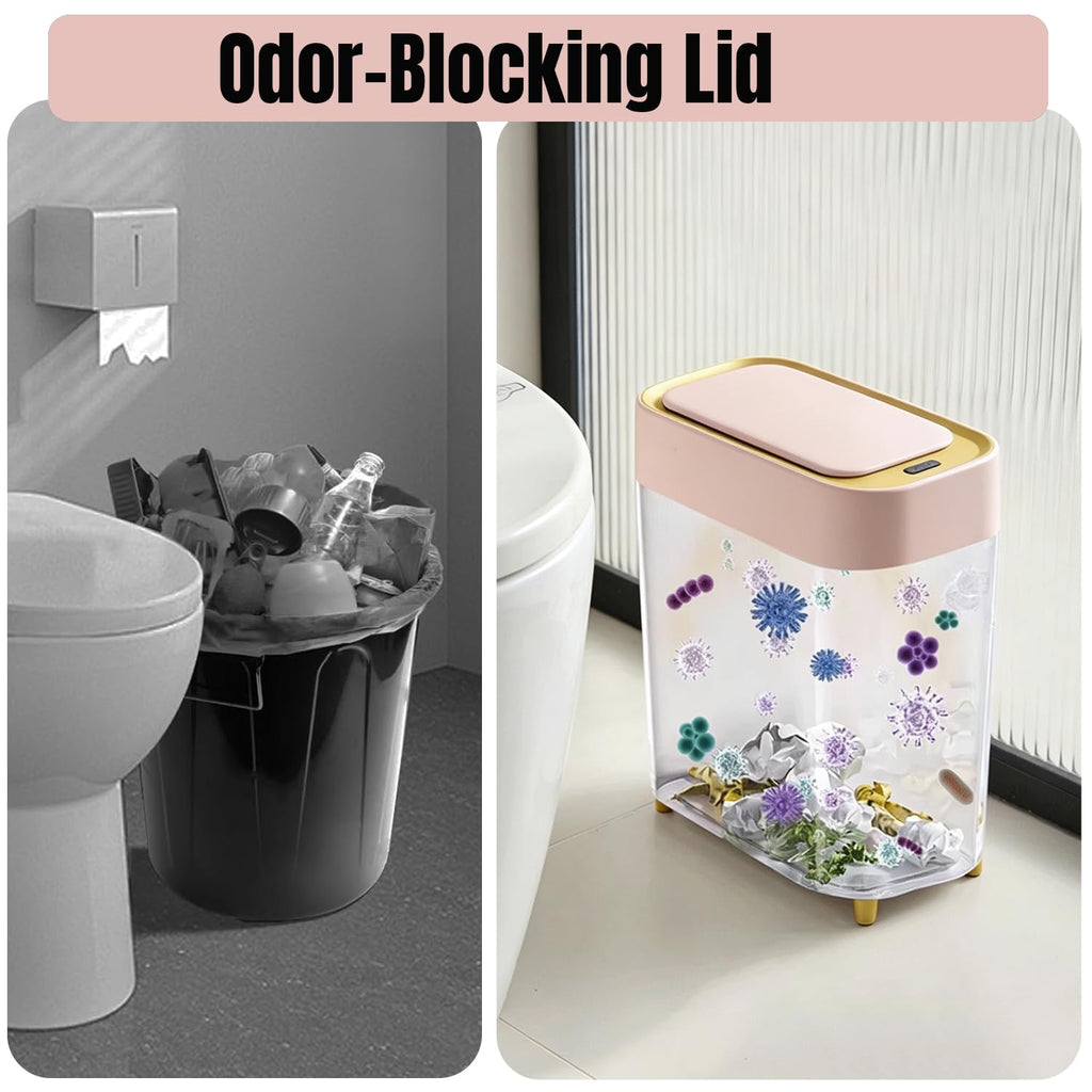 2-Pack Automatic Bathroom Trash Can with Lid, Slim Motion Sensor Garbage Can, Waterproof Touchless Trash Bin, Smart Trashcan for Bedroom, Living Room, Narrow Space, 2.3 Gallon, Pink+Gold Trim