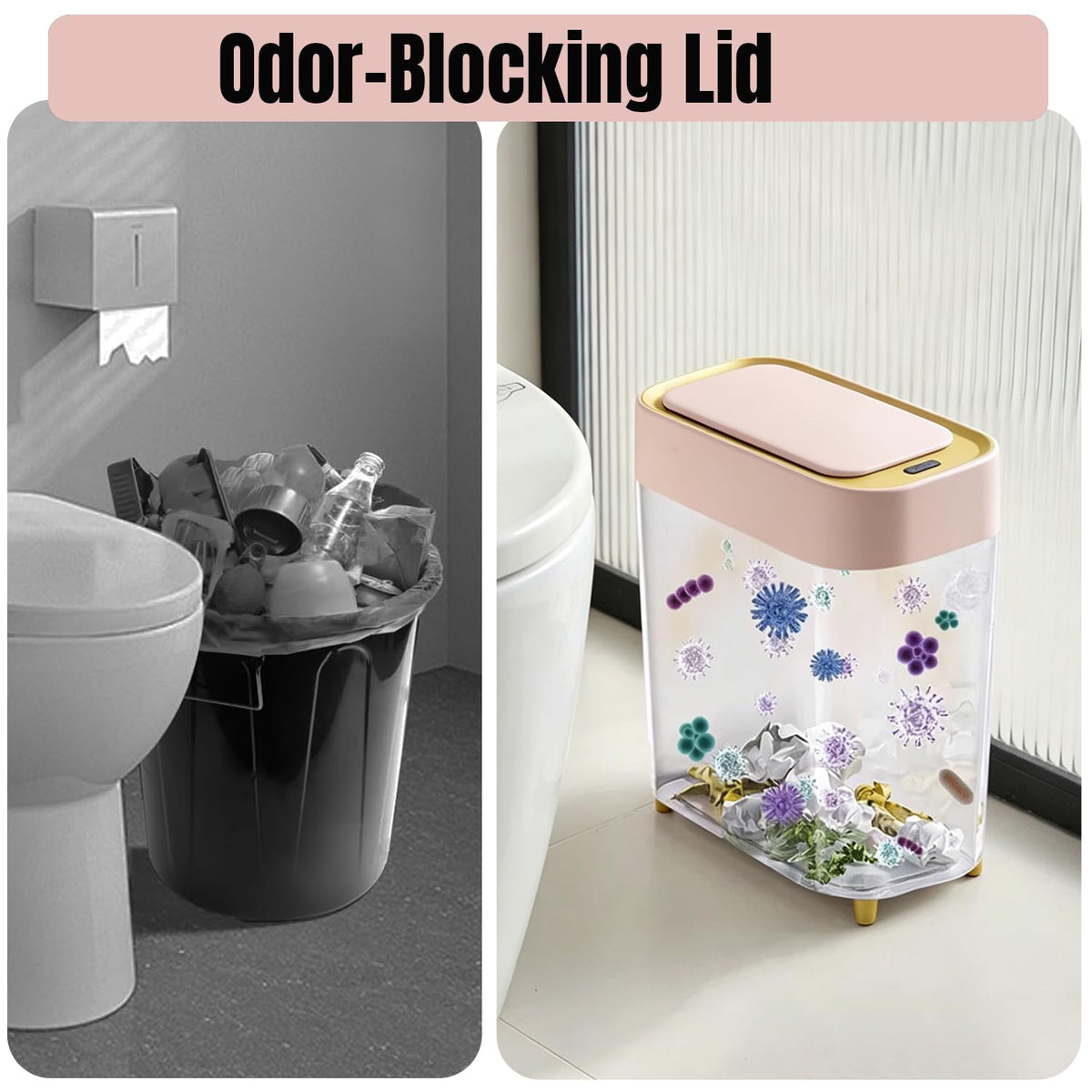 2-Pack Automatic Bathroom Trash Can with Lid, Slim Motion Sensor Garbage Can, Waterproof Touchless Trash Bin, Smart Trashcan for Bedroom, Living Room, Narrow Space, 2.3 Gallon, Pink+Gold Trim