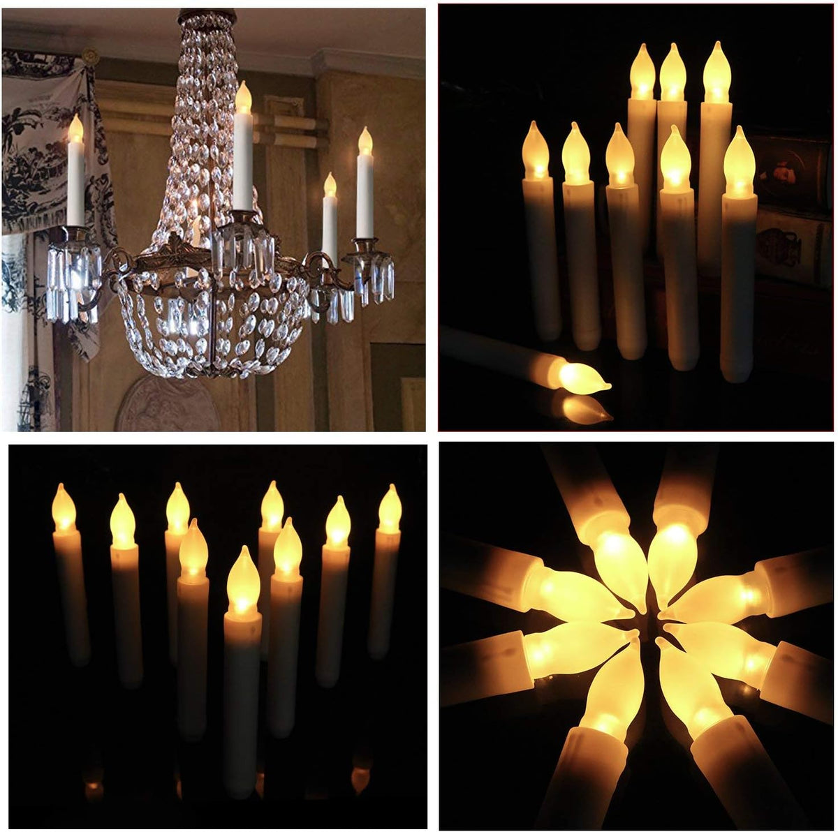Plastic Art Deco Taper Candles, Set of 12 Warm White, Flameless LED, Battery Operated, Realistic Flickering, Ideal for Decoration, Weddings, Birthday Party