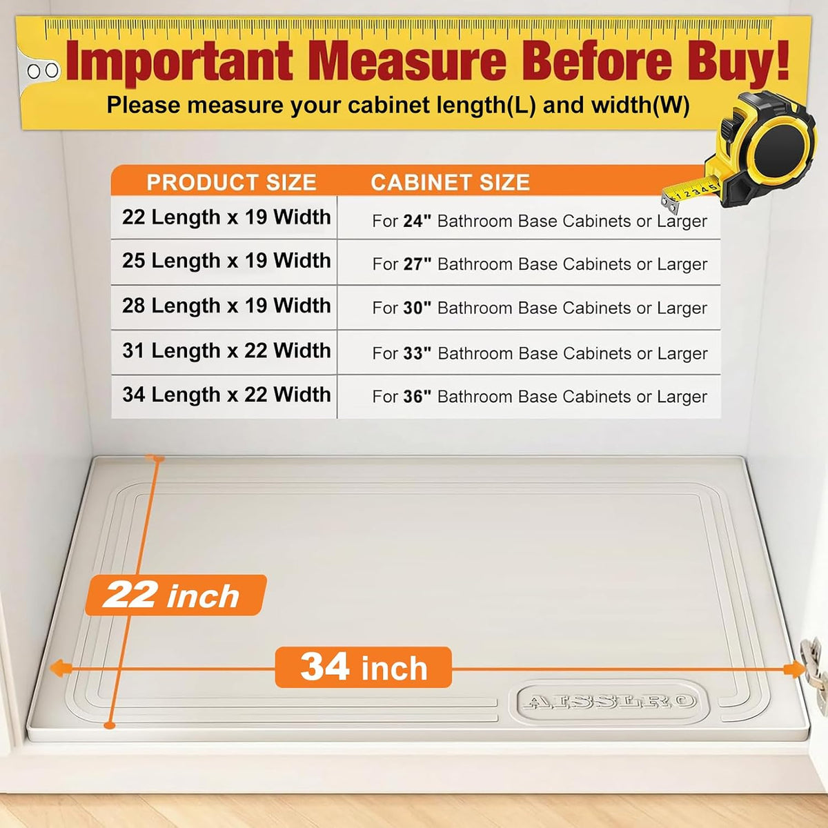 Waterproof Under Sink Mat 34"x22", Silicone Mat, Beige