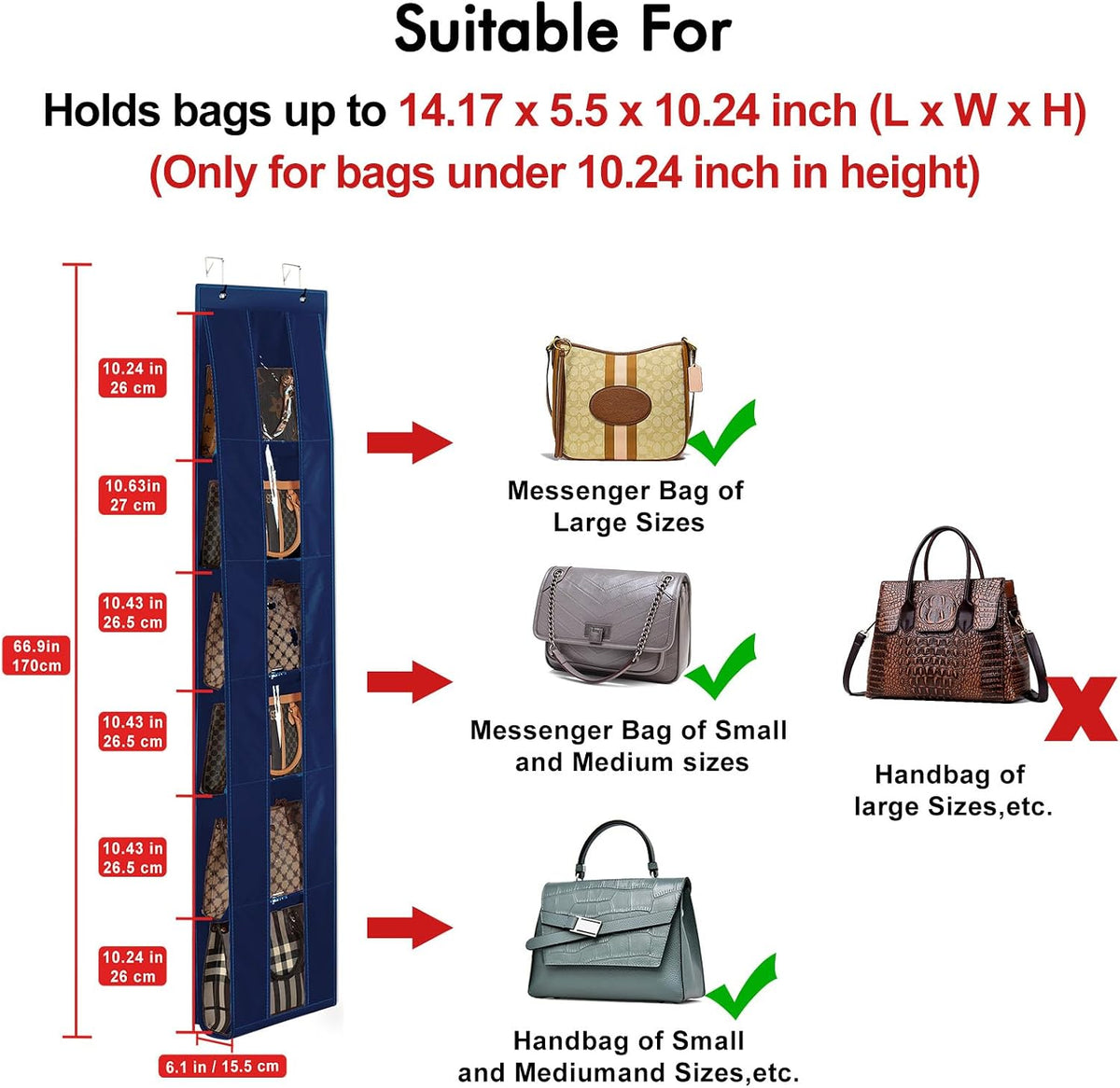Lirex Over the Door Purse Organizer, Space-Saving Medium and Large Handbag Storage Organizer Clothing Closet Hanger, Navy Blue