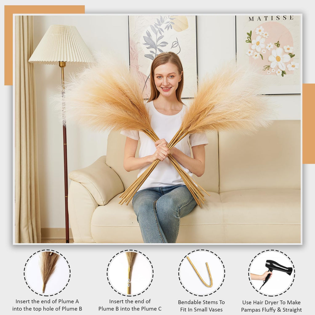 7 Pcs Faux Pampas Grass-45 Inches/3.75ft Large Boho Decor Fluffy Artificial Pompas Grass Décor Tall Vase Filler for Home Wedding Decoration (Beige Gradient, 7)