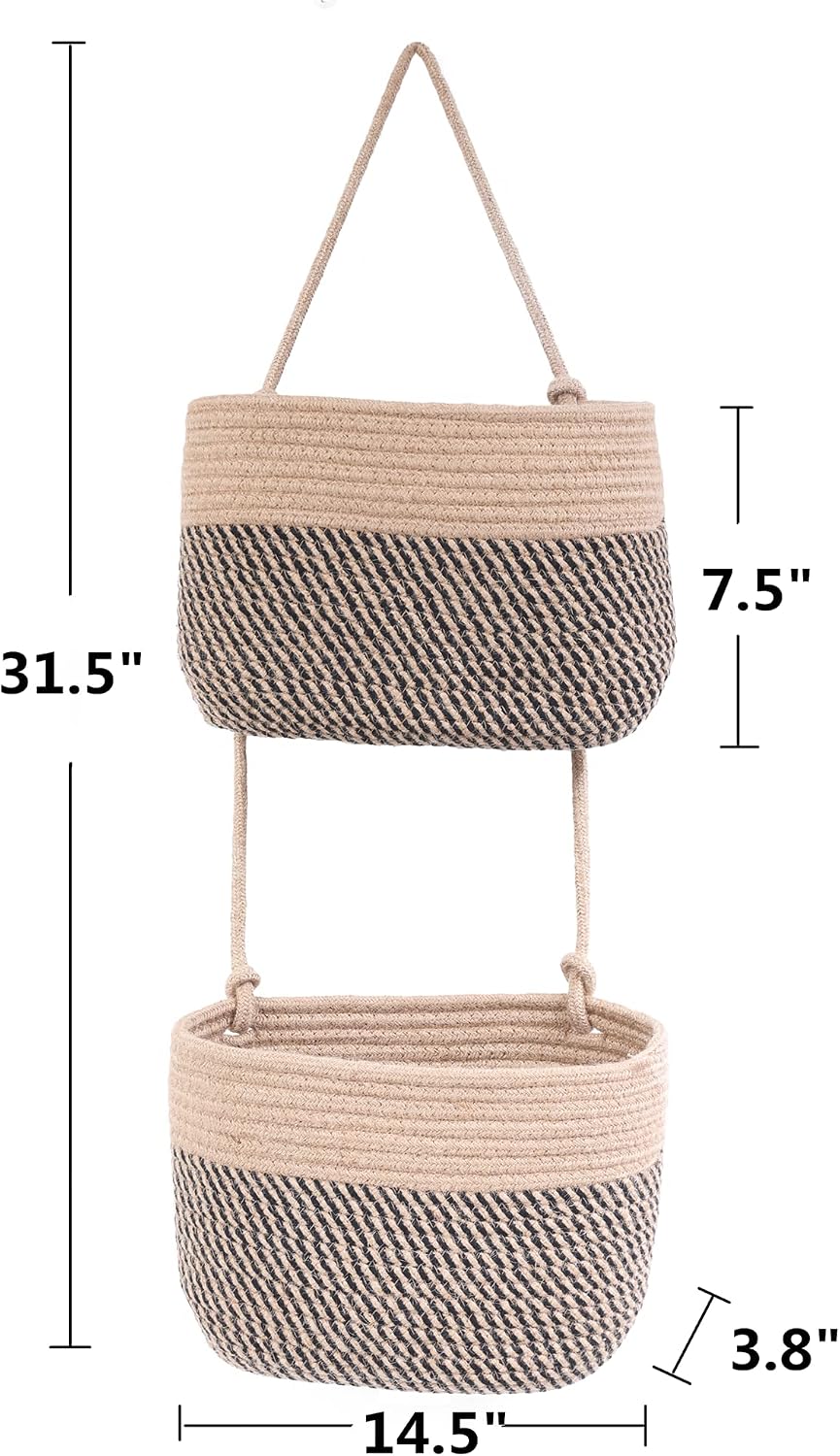 Over The Door Hanging Basket, 2 Tier Cotton Rope Woven Wall Basket, Magazine Racks Hanging Organizer, Decorative Hanging Storage Baskets for Organizing Living Room, Bathroom and Bedroom (Jute-black)