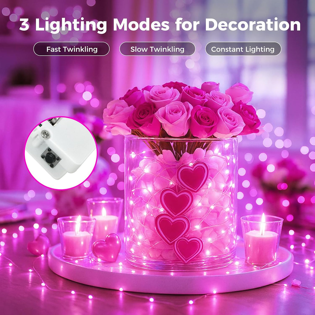 litogo 20 Pack 7FT 20 LED Fairy Lights Battery Operated, 3 Lighting Modes, Bulk Mini Twinkle String Lights Waterproof Silver Wire for Weddings Mason Jars Party Christmas Decorations-Pink