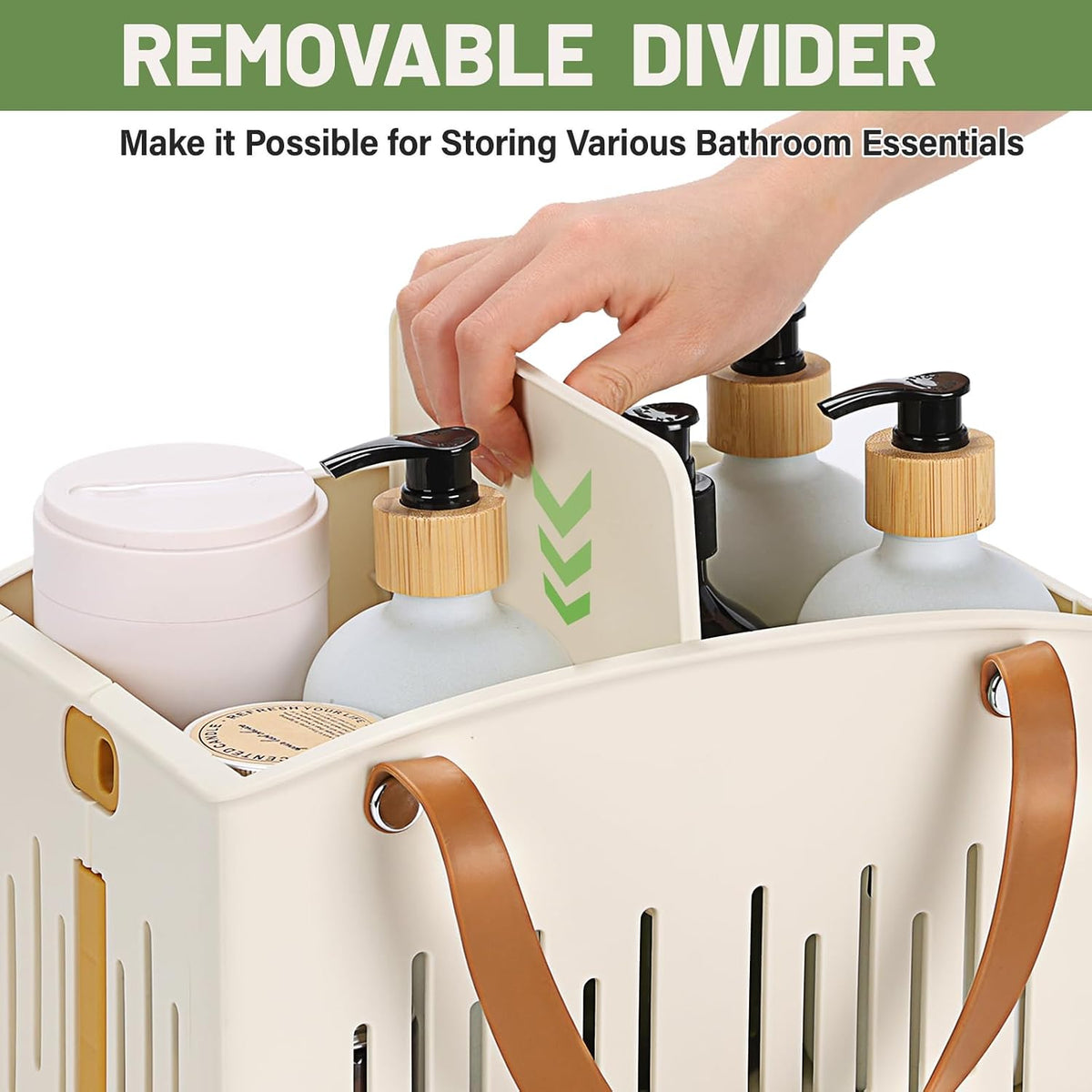 Portable Shower Caddy Collapsible Plastic Shower Basket Tote with Handles Removable Divider, Cleaning Caddy Storage Organizer for Bathroom College Dorm (White)