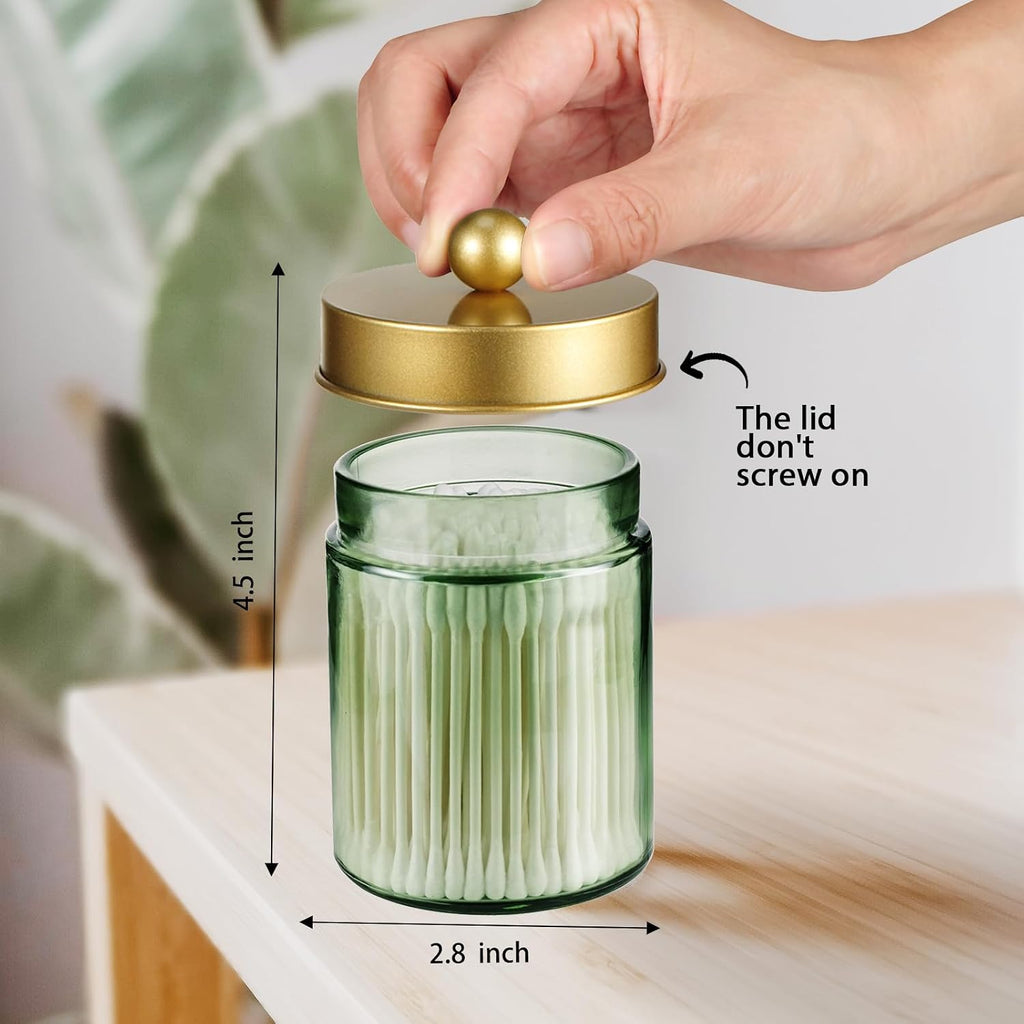 Amolliar Green Glass Apothecary Jar, Qtip Holder Bathroom Decor, Jar, Gold