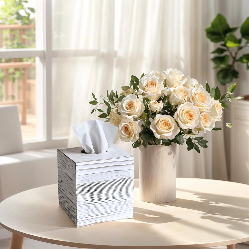 White Wood Tissue Box Cover, Square Wooden Tissue Box Holder for Bathroom