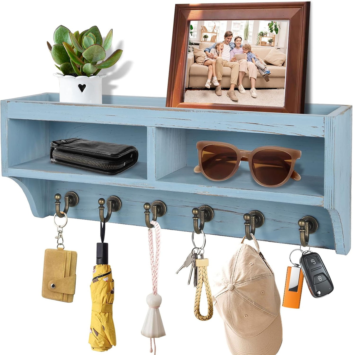 Key Holder Wall Mount with Mail Organizer, 6 Hooks & Shelf, Blue