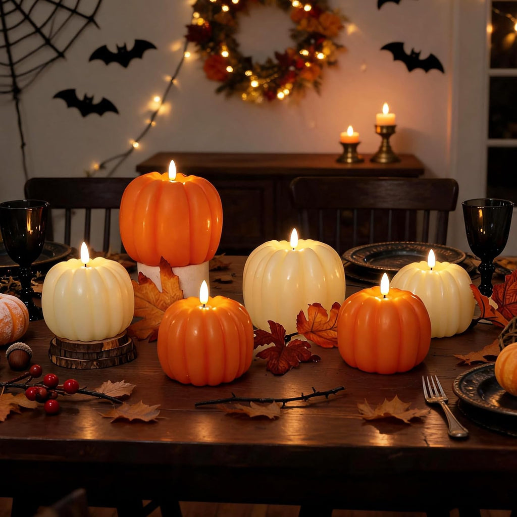 Fall Decor Pumpkin Flameless Candles with Remote LED Candles Ivory Set of 2