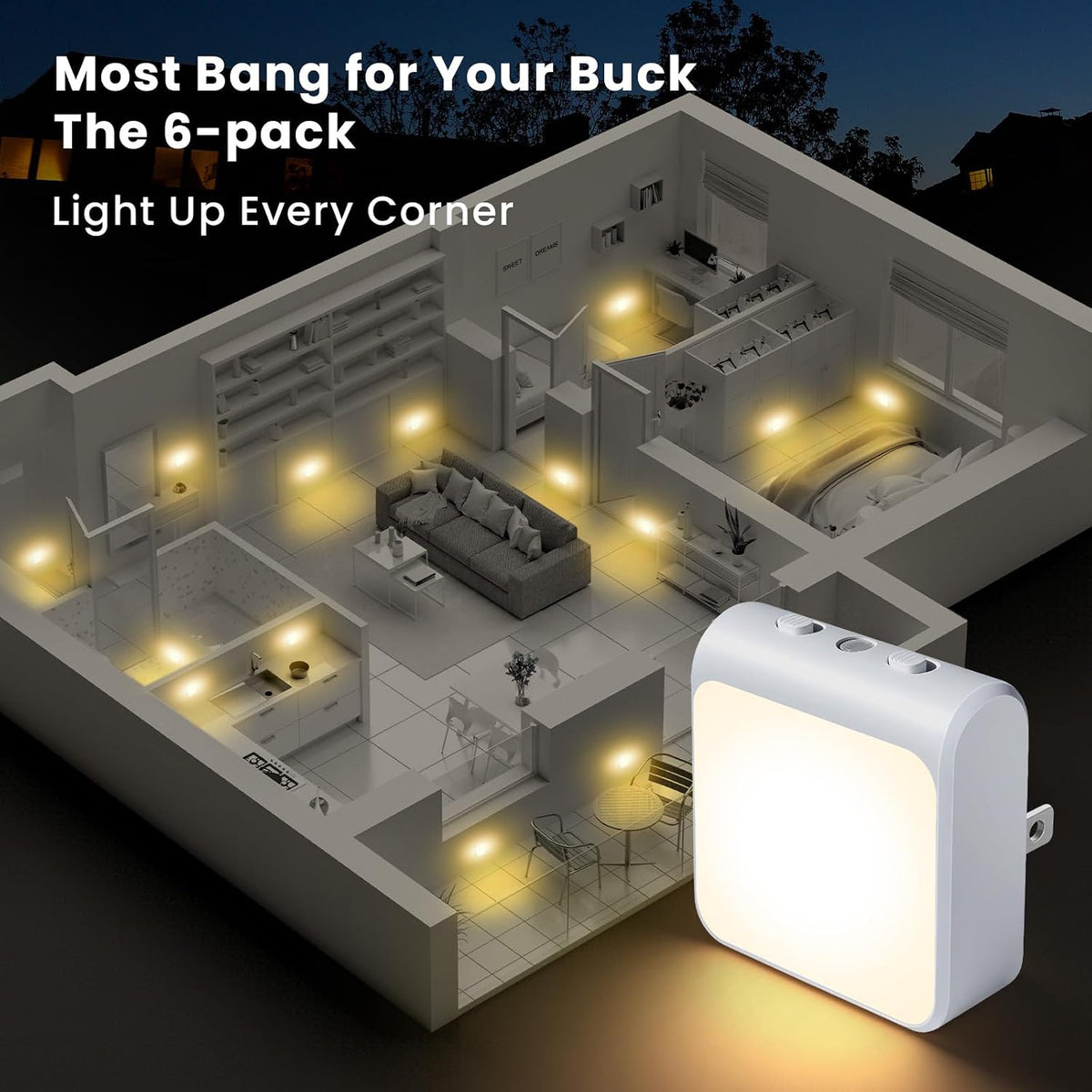 12-Pack Dimmable LED Night Lights Plug into Wall with Dusk to Dawn Sensor, 50lm Plug in Night Light Color & Brightness Adjustable, Auto-On/Off Nightlight for Bedroom, Kitchen, Bathroom, Stairs